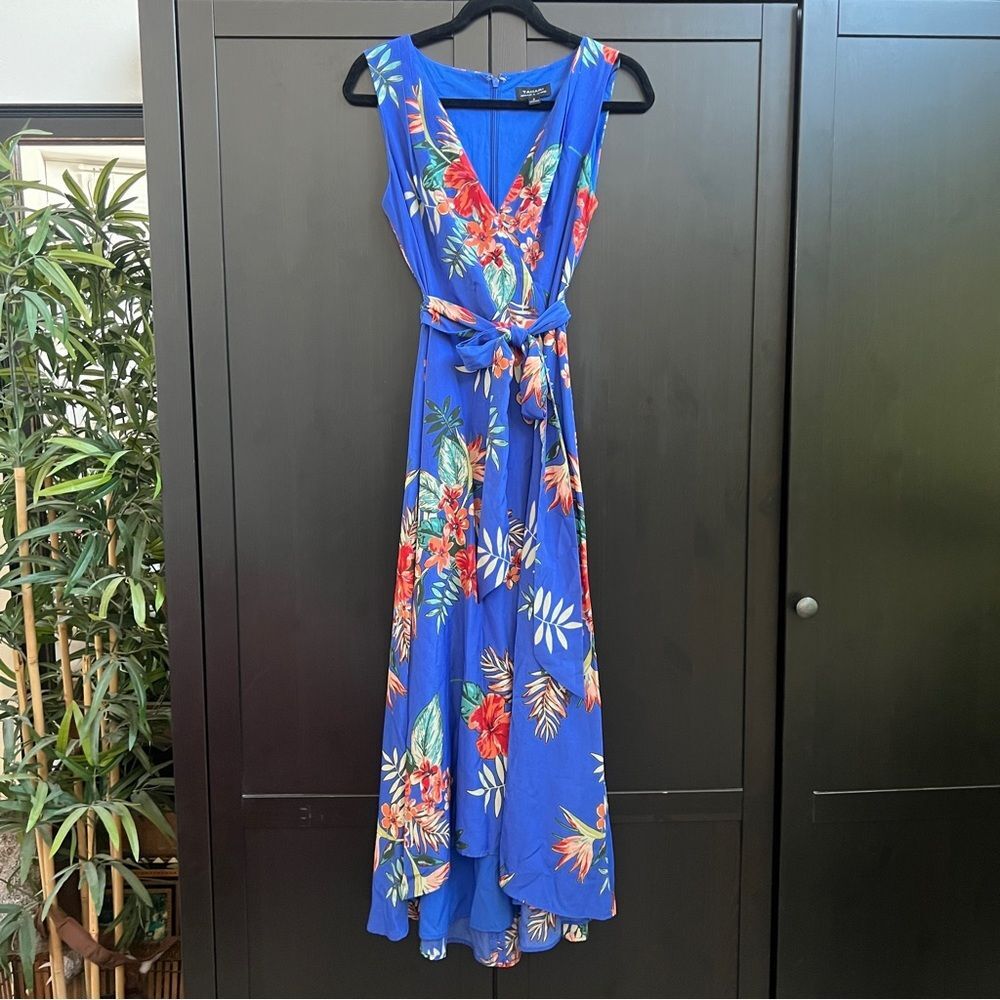 Tahari Royal Blue Hawaiian Tropical Print Maxi Dress Size 2